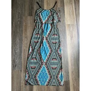 Baily Blue Geometric Tribal Print Popover Maxi Dress Small Blue Pink Green Boho